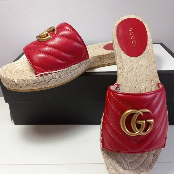 NEW GUCCI GG MARMONT MATELASSE LEATHER ESPADRILLE SANDALS RED/GOLD SZ 37 - Picture 8 of 16